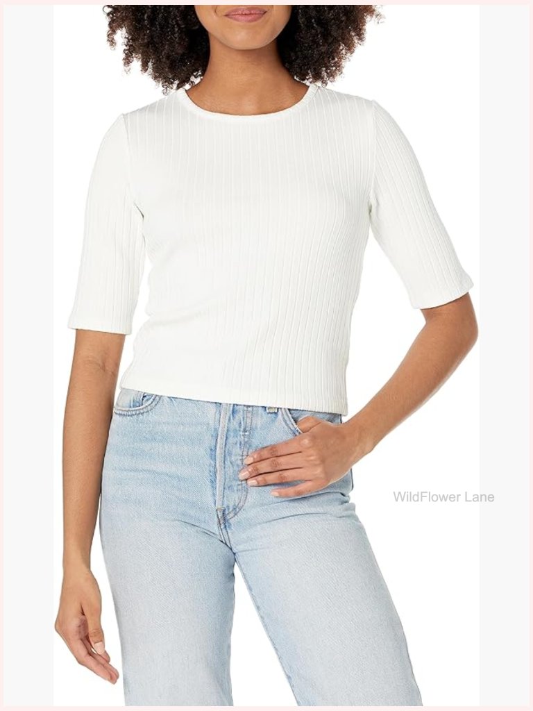 Women's Rib Elbow Sleeve Cropped Top Pull On Closure